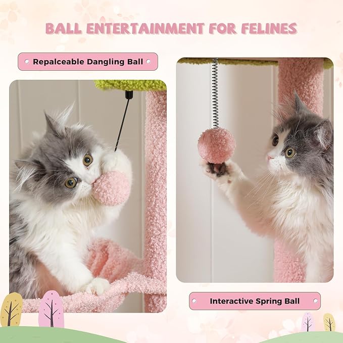 PAWZ Road Pink Cat Tree, Floor to Ceiling Cat Tower with Adjustable Height(85-112 Inches), 7 Tiers Climbing Activity Center with Cozy Hammocks, 5 Platforms and Scratching Posts for Indoor Cats-Pink-Mewly Pet