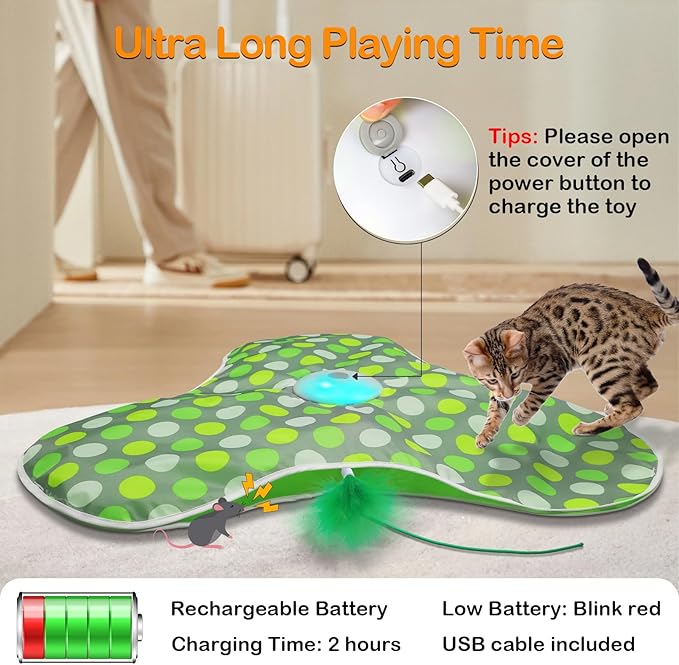 Interactive Cat Toys Rechargeable,Moving Concealed Feathers,Real Mouse Squeaky,Touch Activated Cat Kitten Toy Exercise Toys for Indoor Bored Adult Cats-Mewly Pet