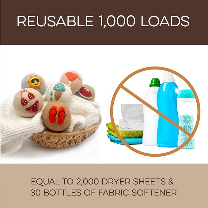 Fluff Ewes Wool Dryer Balls 6 Pack Premium New Zealand Wool Laundry Balls for Dryer, No Static Dryer Balls Laundry Reusable, XL Wool Dryer Balls Cute, Baby Dryer Balls for Dryers - Fun in The Sun-Mewly Pet