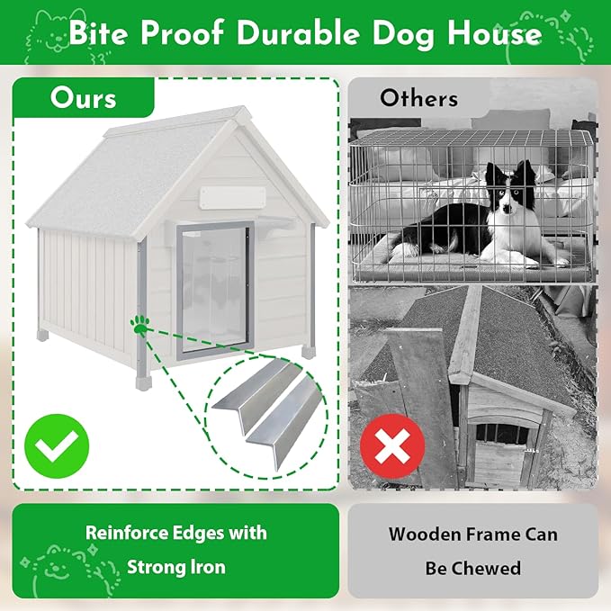 Outdoor Dog House Weatherproof Large Wooden Dog Kennel Indoor for Small Dogs with Chew-Proof Frame, Oxford Fabric Window, Removable Floor Pet Shelter (Grey, 26" D x 31.9" W x 32" H)-Mewly Pet