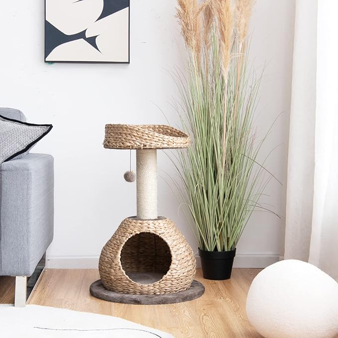 Tangkula Modern Cat Tree, Small Cat Tower with Natural Sisal Scratching Post, Hand-Made Wicker Cat Condo & Top Perch, Funny Hanging Toy Ball, Cute Cat Tree Tower for Indoor Cats-Mewly Pet
