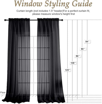 OVZME Black Bedroom Curtains 2 Panel Sets 90 Inch Length, 59 Inch Extra Wide Light Filtering Light Weight Soft Window Treatment Panels for Study Room Living Room Guest Room, 59Wx90L Inches