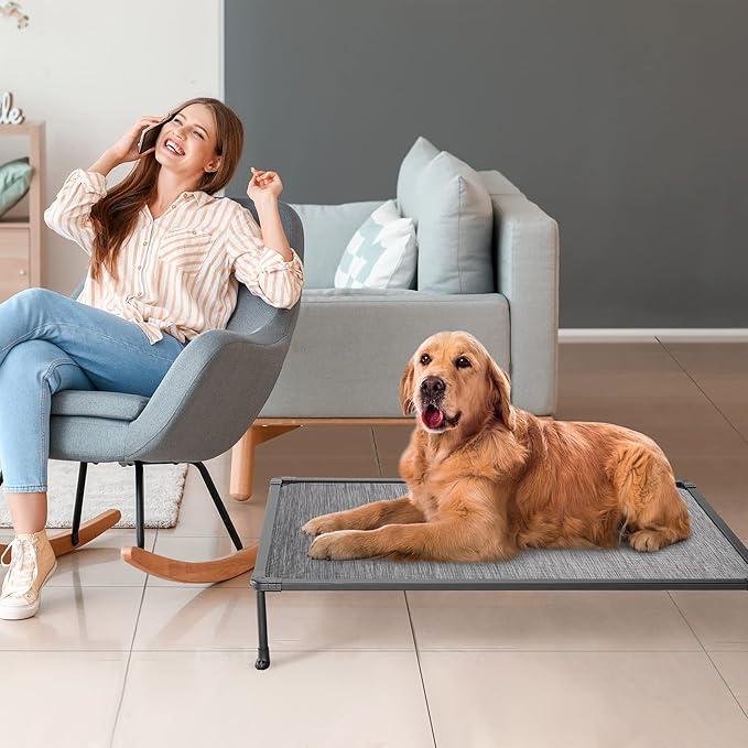 Veehoo Chewproof Elevated Dog Bed - Cooling Raised Pet Cot, Breathable Mesh, Washable & Non-Slip for Large Dogs, Indoor/Outdoor, Black Silver Mat and Black Frame, 42x30inches (Model CWC2203A03)-Mewly Pet