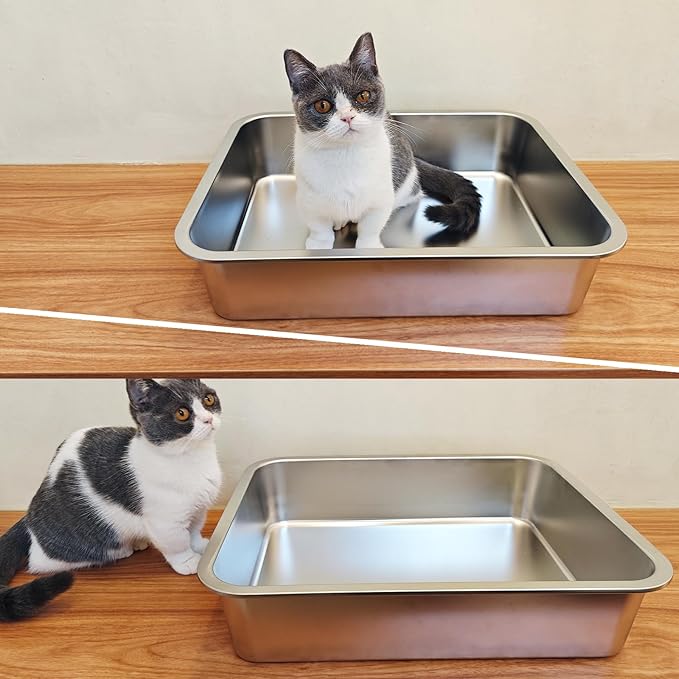 LIHONG Stainless Steel Cat Litter Box,Small Metal Litter Box for Small Cats Hamster Rabbits,No Smell,Non Stick,Easy to Clean(18" Lx14 Wx4 H,M)-Mewly Pet