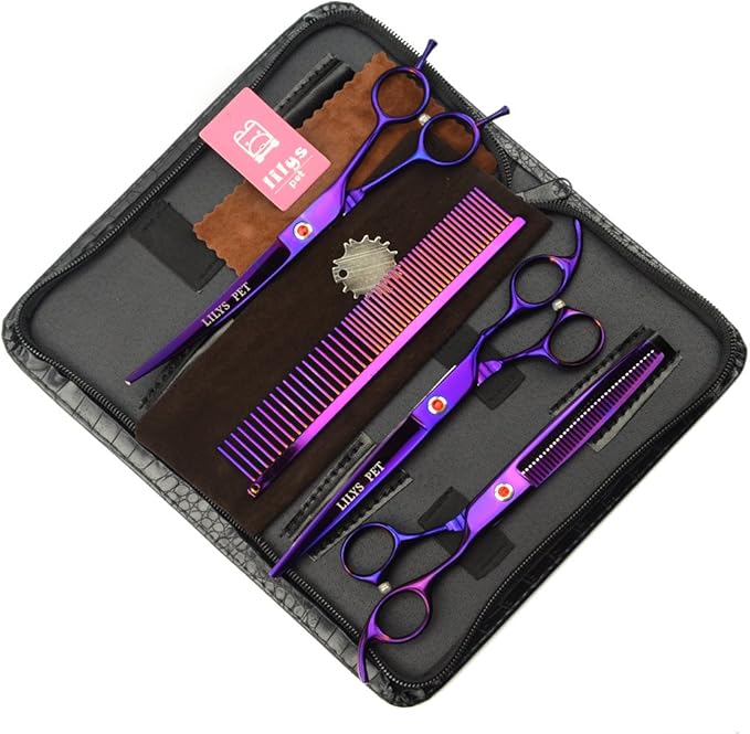 LILYS PET Professional PET Grooming Scissors Kit,Coated Titanium,Sharp and Strong Stainless Steel Blade for Dogs Cats Hair Cutting,3 Pieces of Scissors with a Comb and a Case (8.0 inches, Purple)-Mewly Pet