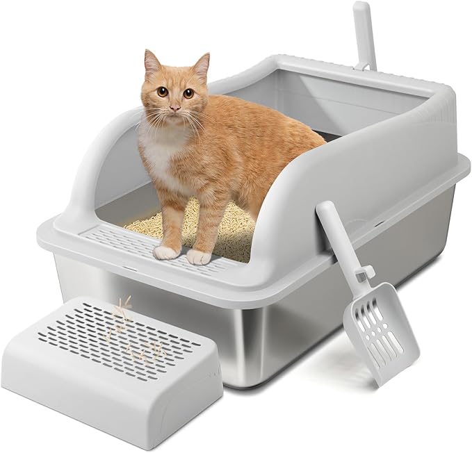 XL Stainless Steel Cat Litter Box with High Sided Lid for Big Cats, 23.5"L x 15.5"W x11.8"H, Metal Kitty Litter Tray with Scoop and Filter Pedal, Leak-Proof,Odorless,Non-Stick,Easy Cleaning-Mewly Pet