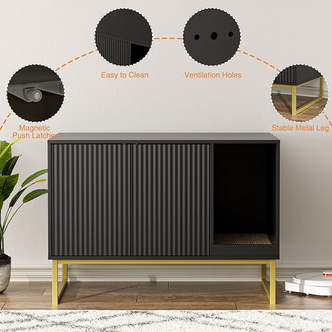 Cat Litter Box Enclosure, Fluted Hidden Litter Box Furniture with Scratch Pad and Metal Legs, Modern Enclosed Cat Cabinet, 31.5 x 17.7 x 21.7 Inches Indoor Pet House for Living Room, Washroom, Black-Mewly Pet