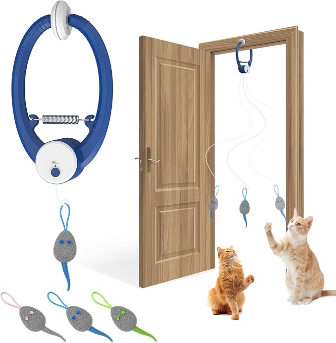 Cat Toy Interactive for Indoor Cats, Smart USB Rechargeable Door Hanging Automatic Retractable Kitten Toys, Teaser Electronic Self Play Feather Cat String Toys Attached with 3 Catnip Mice Blue-Mewly Pet