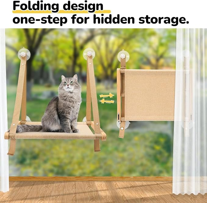 CATISM Cushion Cat Window Perch - Hammock - Window - Seat - Home - Cat Bed for Small to Medium Indoor Cats, Wooden, Machine Washable Cover, Foldable (Khaki, Cushion Bed Cover)-Mewly Pet