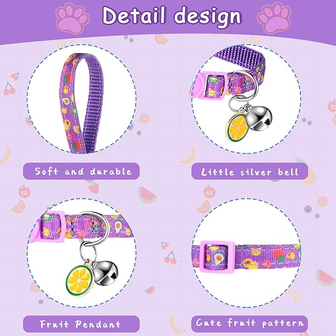 Frienda 12 Pcs Spring Summer Breakaway Cats Collars Girl Cat Safety Adjustable Collars with Bell and Summer Fruit Patterns Pendants Set for Pets Decoration(Medium)-Mewly Pet