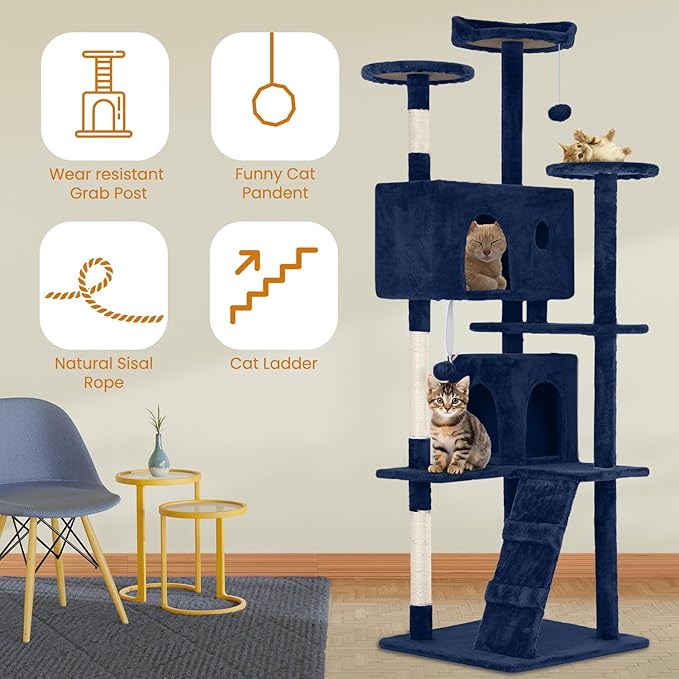 54.7 inches Cat Tower - Multi-Level Cat Condo with Scratching Posts, Hanging Toys, Navy Blue-Mewly Pet