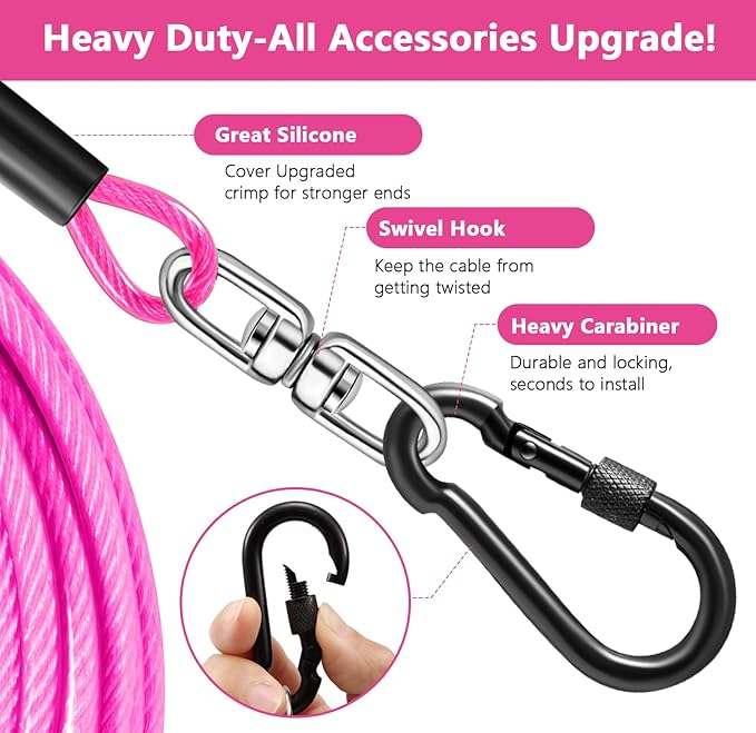 Dog Tie Out Cable 10FT-500Lbs,Heavy Duty Dog Leads&Tether for Yard with Swivel Hook,Small Large Dogs Leash Line for Outside,Rust Chew Proof Dogs Run Cable for Outdoor Camping(Pink, 10FT)-Mewly Pet