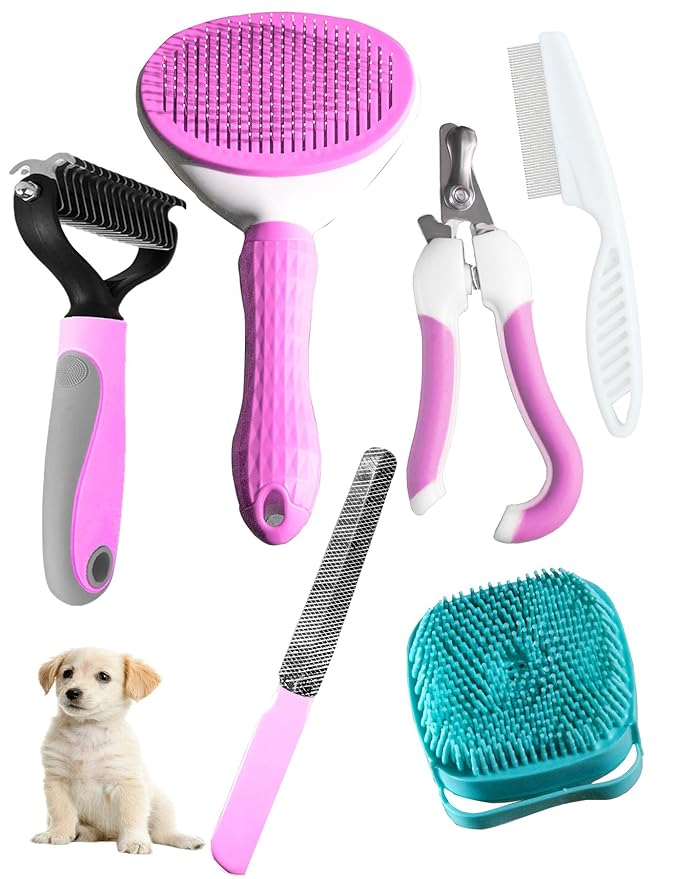 6ps Dog Cat Brush Grooming Kitf, Dog Cat Brushes, Bath Brush, Dematting Rake and Comb, Nail Clipper, Nail File, Flea Comb (Pink 6 Kits)-Mewly Pet