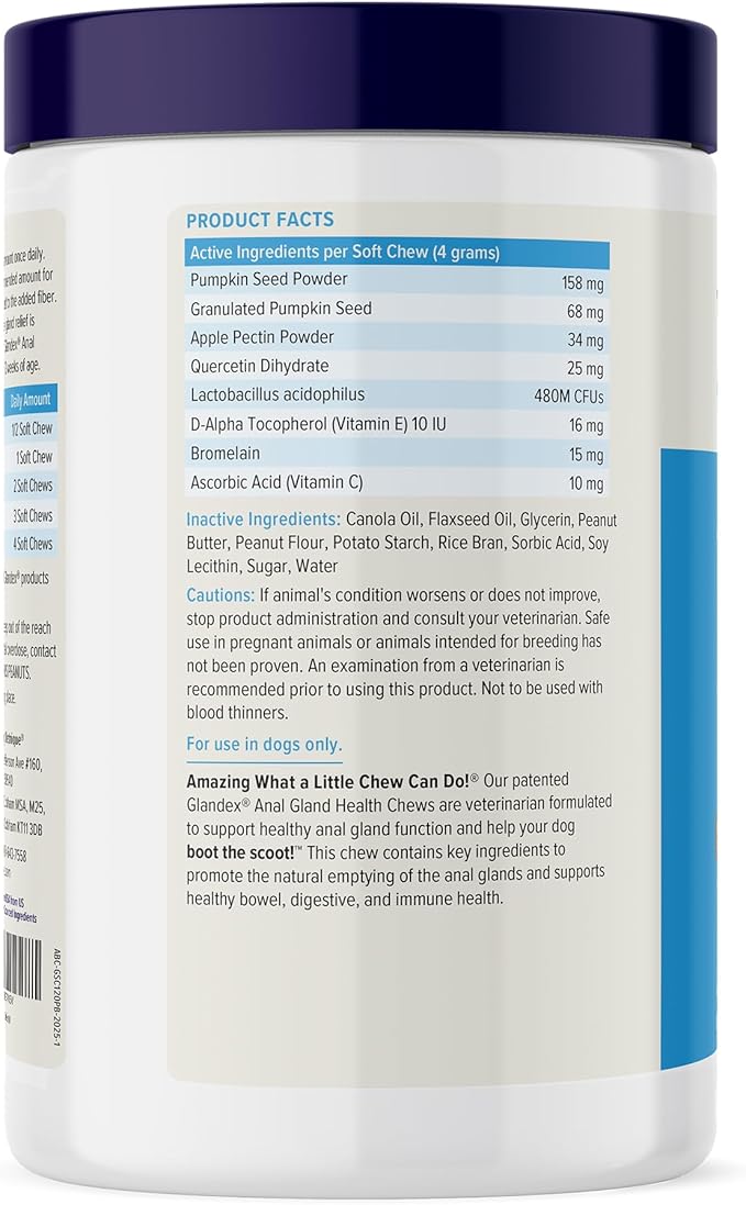 Vetnique Glandex Anal Gland Soft Chew Treats with Pumpkin for Dogs Digestive Enzymes, Probiotics Fiber Supplement for Dogs Boot The Scoot (Peanut Butter Chews, 120 Count)-Mewly Pet