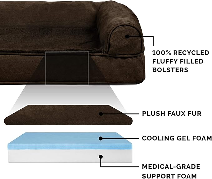 Furhaven Cooling Gel Dog Bed for Large Dogs w/ Removable Bolsters & Washable Cover, For Dogs Up to 125 lbs - Plush & Suede Sofa - Espresso, Jumbo Plus/XXL-Mewly Pet