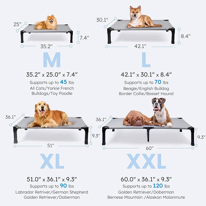 Heeyoo Elevated Dog Bed, Cooling Raised Pet Cot with Chew Proof Washable Breathable Mesh and Metal Frame, Portable Dog Cot Bed with No-Slip Feet for Outdoor or Indoor Use-Mewly Pet