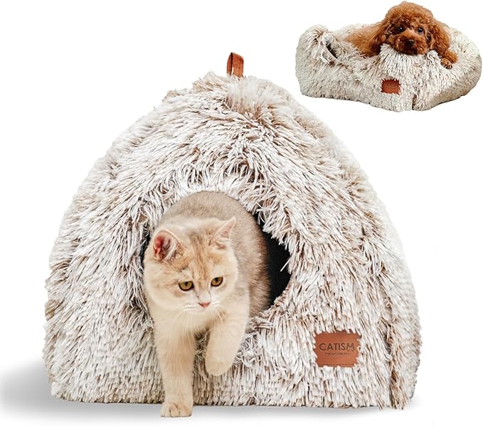CATISM Cat Bed, Cat Cave for Indoor Cats, Soft Cat Dome, Self-Warming 2 in 1 Foldable Pet Cat House with Washable Cushioned Pillow Calming Fluffy Dog Beds for Small Dogs with Anti-Slip Bottom Brown-Mewly Pet