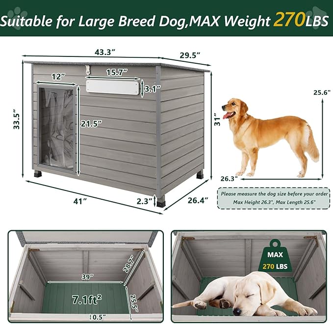 43.3" L Dog House Outdoor for Large Breeds Dogs Anti Chewing Iron Frames Dog Kennel Wooden Pet Houses for Indoor Outdoor with Weatherproof Roof,6 Elevated Feet, Reinforced Bottom Support-Mewly Pet