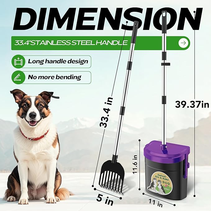 UPSKY Dog Pooper Scooper Swivel Bin & Rake Kit with 100 Waste Bags,33.4" Stainless Steel Long Handle Heavy Duty Pet Poop Shovel for Large Medium Small Dogs, Odor-Proof Lid for Yard/Lawn/Outdoor Use-Mewly Pet