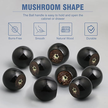 FoDau770 15pcs Black Wood Knobs, Round Ball Cabinet Knobs Vintage Drawer Pulls, Natural Wooden Cabinet Hardware for Furniture Drawer Dresser Wardrobe Cupboard - 1" Diameter