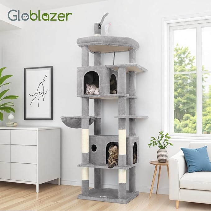 Globlazer Large Cat Tree Tower, Tall Cat Tree Condos for Indoor Cats Large Adult Cat Climbing Tower with 2 Spacious Caves, Oversized Top Perch, Big Hanging Basket, Cat Teaser Wand, F74B, Light Grey-Mewly Pet