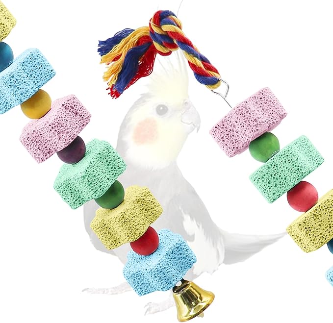 2 Pack Mineral Block Chew Toys with Colorful Beads and a Bell, Bird Beak Grinding Stone, Cage Accessories for African Grey, Budgies, Cockatiels, Small to Medium Birds-Mewly Pet