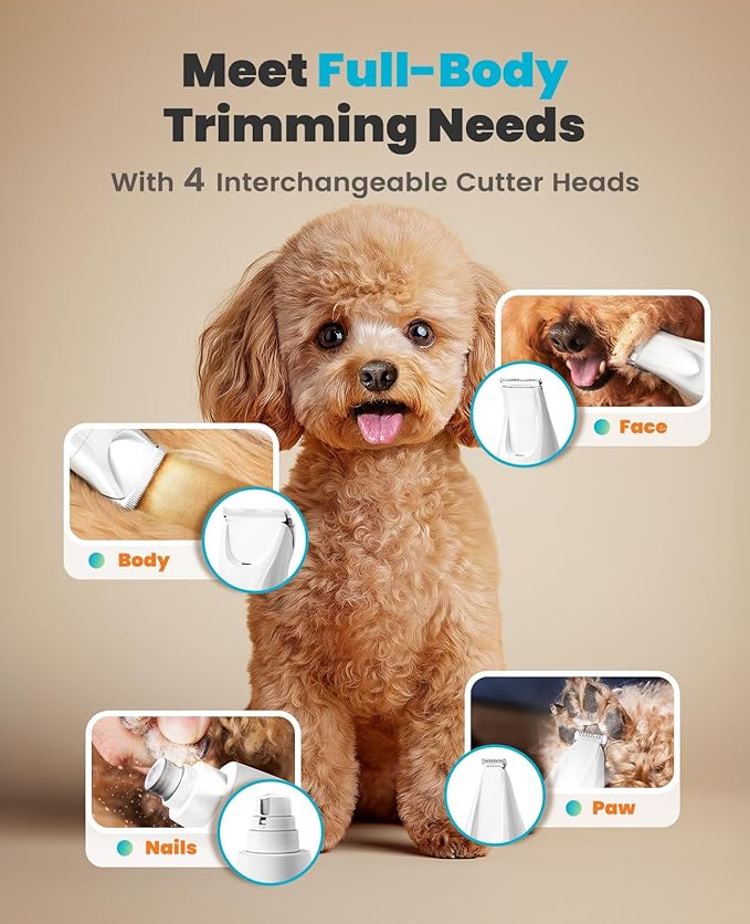 oneisall Quiet Dog Grooming Kit 4 in 1, LED Light Dog Nail Grinder, 2000mAh Pet Grooming Clippers Paw Trimmer for Paw, Nail, Face, Ears, Legs, Body with Storage Bag-Mewly Pet