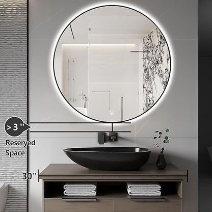 28" Round LED Bathroom Mirror, Wall Mounted Backlit Vanity Mirror with 45° Beveled Frame Lighted Mirror for Bedroom, Fog Free 3-Color Dimmable Lights Memory Function, Black