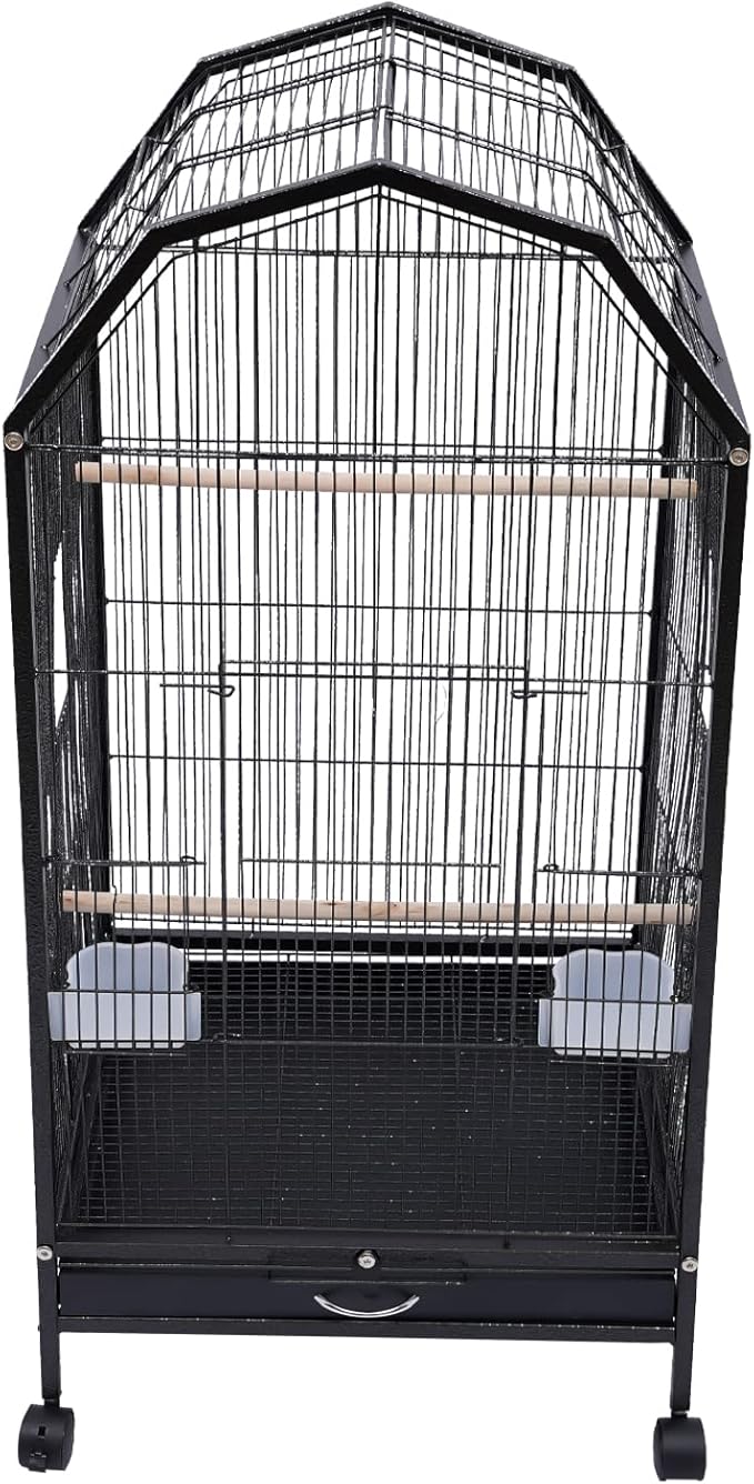 40-Inch Wrought Iron Bird Cage with Open-Top and Rolling Stand, Movable Parrot Cage Pet Bird Flight Cage, 360 Degree View Spacious Interactive Roof Pet Bird House for Medium&Small Birds-Mewly Pet