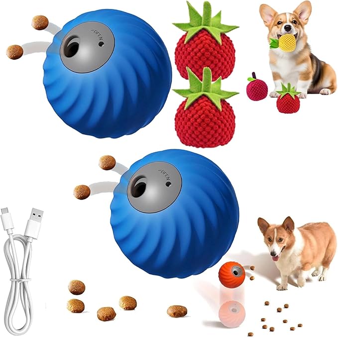Zoomie Buddy 2.0, Zoomie Buddy for Dogs, 2 in 1 Smart Touch Interactive Dog Balls ＆ Pet Feeder, 2.83" Diameter, Suitable for Small/Medium Dogs, with Fruit Plush Cover (2*Blue, Tomato)-Mewly Pet
