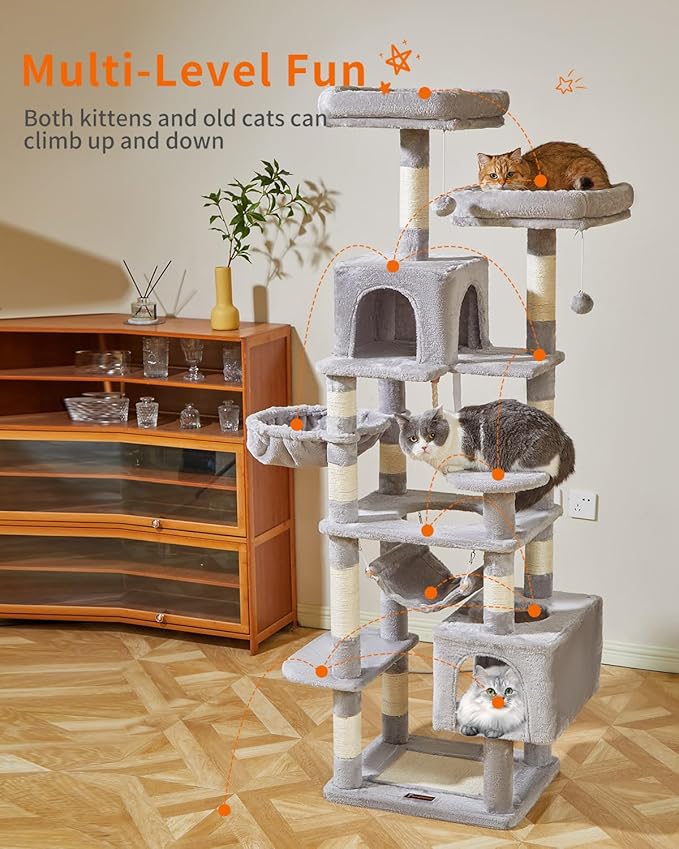 Taoqimiao Cat Tree, 71-Inch Cat Tree Cat Tower for Indoor Cats, Plush Multi-Level Cat Condo with 10 Scratching Posts, 2 Perches,Basket, 2 Caves,Hammock, 2 Pompoms,MS020W Light Gray-Mewly Pet