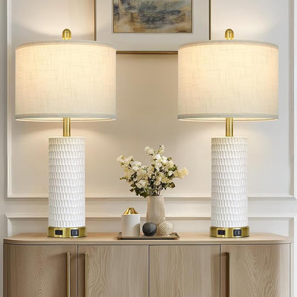 27" White Ceramic Lamps for Living Room, 3-Way Dimmable Touch Ceramic Table Lamp Set of 2 for Bedroom，Rustic Farmhouse Bedside Lamp with USB A+C & Outlets, Elegant Bedroom Lamp for Nightstand