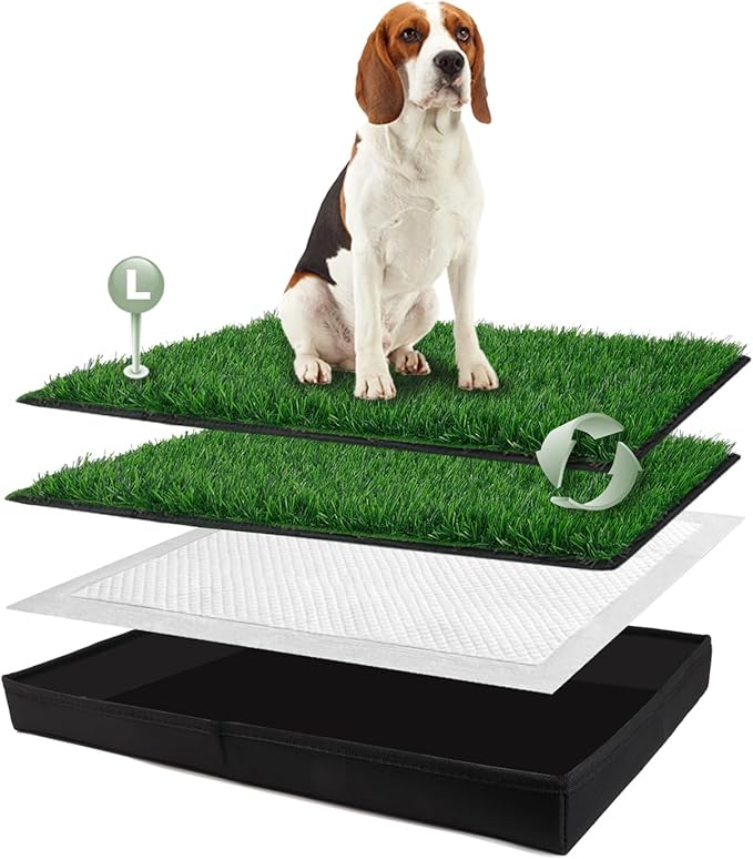 Dog Grass Pad with Foldable Dog Litter Box, Large Liner Base (33”×23”) for Balcony, 2 Artficial Grass Pee Pads for Dogs, Pee Pad Holder, Potty Training-Mewly Pet