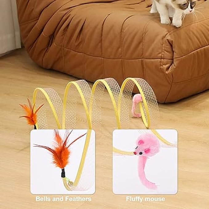 2Pcs Folded Cat Tunnel Toy for Indoor Cats,Collapsible Pet Spring Cat Toys with Feather Mouse Upgrade Interactive Toy Playing Tent for Puppy Kitten Accessories Home Self-Happy Cat Toys (Yellow)-Mewly Pet