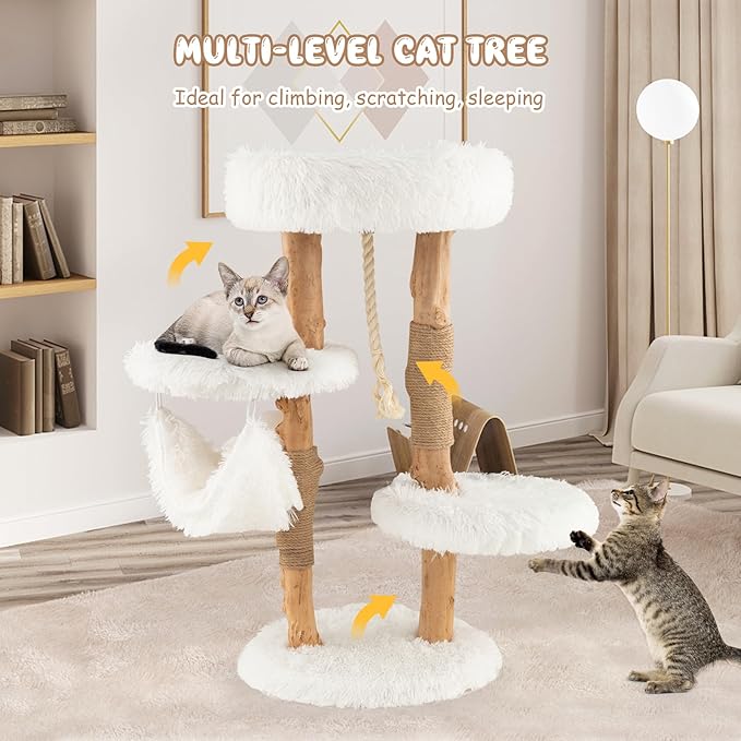 Tangkula Cat Tree Tower, Solid Wood Modern Cat Tower with Cozy Top Perch, 2 Platforms & 1 Hammock, Natural Branch Cute Cat Tree with Scratching Posts & Sisal Rope for Indoor Cats-Mewly Pet