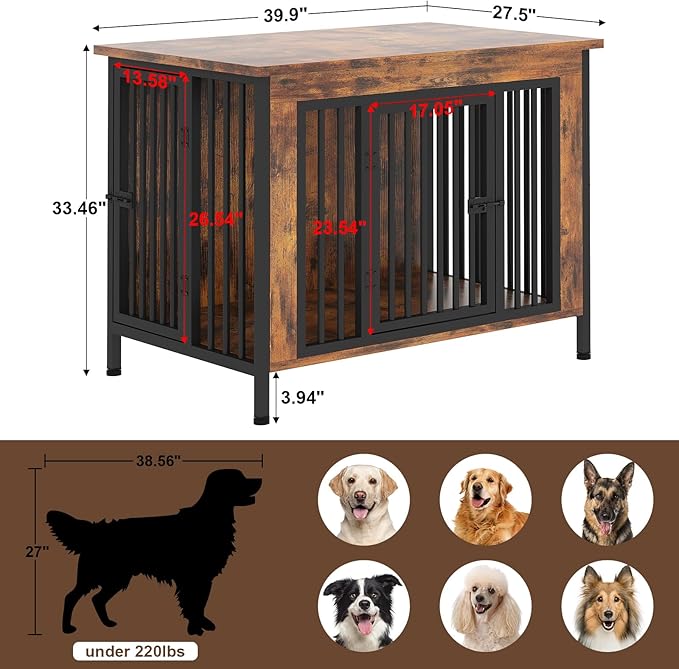 EasyCom 39.96" XL Wooden Large Dog Crate Furniture for Medium and Large Breed, Chew-Resistant Dog Kennel Furniture Indoor with 2 Doors and 3.94" Raised Feet, as TV Stand, End Table, Crate Table-Mewly Pet