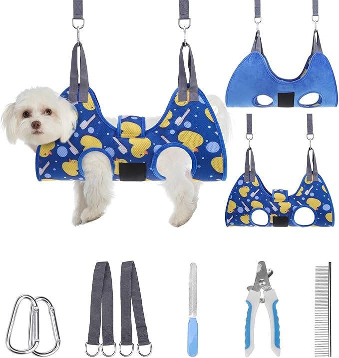 PAWCHIE Dog Grooming Hammock Harness for Dogs & Cats with Pet Nail Clipper Trimmer - Cat Hanger Sling for Trimming Clipping Nails- Dog Hammock Restraint Bag for Small Medium Large Dog, Navy Blue XS-Mewly Pet