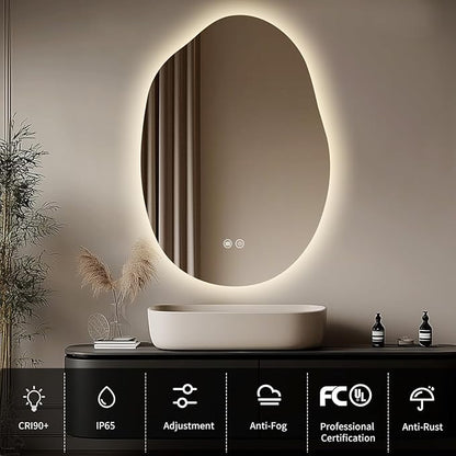 LED Light Bathroom Mirror 22x32, Stepless Dimmable Irregular Backlit Mirror with 3 Colors, Anti-Fog, Memory, Al-Alloy Lampshade, Frameless Makeup Mirror for Bathroom (Horizontal/Vertical)