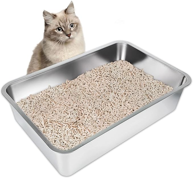 IKITCHEN Stainless Steel Cat Litter Box, Large Metal Litter Box for Cats, Never Absorbs Odors,Stain Free, Rustproof, Non Stick Smooth Surface 23.5" L x 15.5" W x 6" H-Mewly Pet