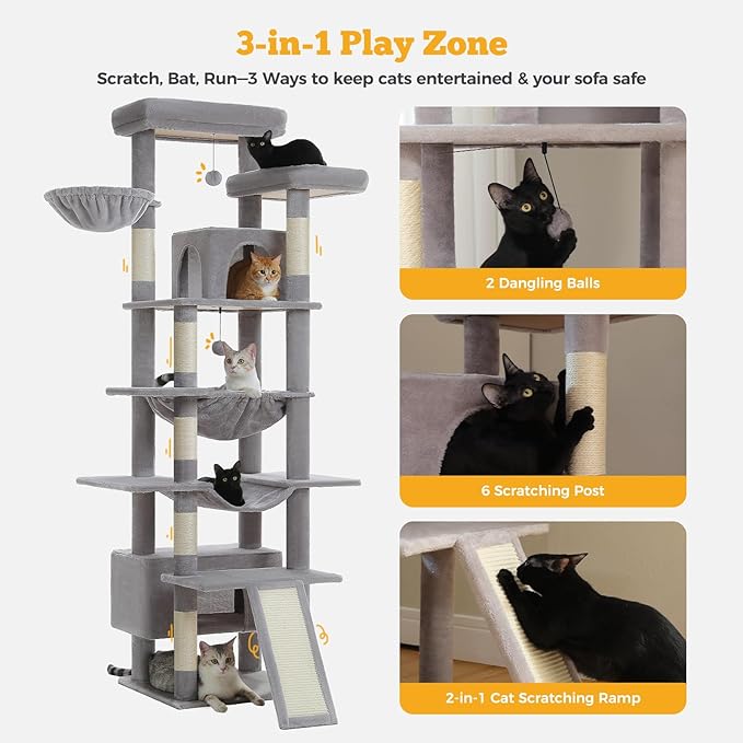 81" Heavy Duty Cat Tree for Large Cats up to 20lbs - Extra Tall Cat Tower with Metal Frame Hammock, 6 Sisal Scratching Posts, 2 Perches - Indoor Cat Furniture for Maine Coon, Big Cats, Gray-Mewly Pet
