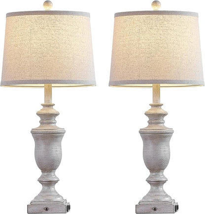 27.5" Set of 2 Farmhouse Table Lamps for Bedroom, 3 Way Dimmable Bedside Lamp with 2 USB +AC Outlet Nightstand Lamps for Living Room Resin Rustic Touch Lamps (Antique Gray)