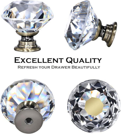 12 Packs Crystal Cabinet Knobs Drawer Pulls and Knobs Diamond Dresser Handles Crystal Pulls for Drawers - 30 mm Clear Glass Cabinet Knob with Bronze Base