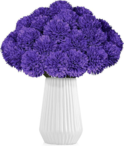 36 Pcs Purple Artificial Chrysanthemums Flowers Fake Mums Silk Vintage Ball Flower for Home Decor Indoor Floral Arrangement Table Centerpiece