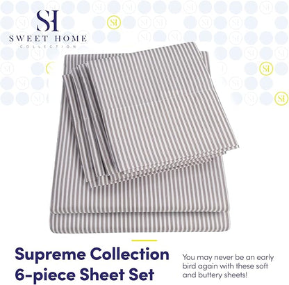 Full Size Bed Sheets - 6 Piece 1500 Supreme Collection Fine Brushed Microfiber Deep Pocket Full Sheet Set Bedding - 2 Extra Pillow Cases, Great Value, Full, Classic Stripe Gray