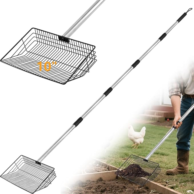 10inch Large Chicken Poop Scooper,36 to 67" Adjustable Long Chicken Coop Litter Metal Scoop with Stainless Steel Handle,5-in-1 Detachable Poop Shovel for Sand,Pet,Chicken,Cat Cleaning Tools.-Mewly Pet