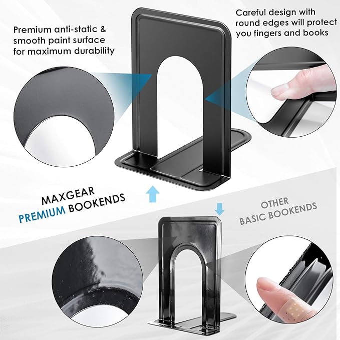 MaxGear Book Ends Universal Premium Bookends for Shelves, Non-Skid Bookend, Heavy Duty Metal Book Stopper for Books/Movies/CDs/Video Games, 6 x 4.6 x 6 in, Black, 6 Pairs/12 Pieces, Large