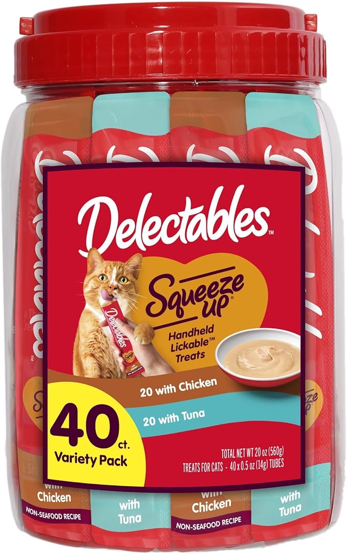 New! Delectables Squeeze Up Variety Pack, Creamy Squeezable Puree, Lickable Wet Cat Treats, Grain-Free, No Added Fillers, 0.5 Ounces Tube, 40 Tubes Total-Mewly Pet