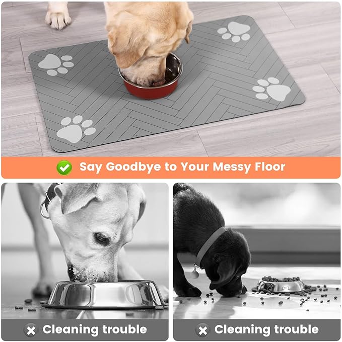 Pet Feeding Mat-Absorbent Pet Placemat for Food and Water Bowl, with Waterproof Rubber Backing, Quick Dry Water Dispenser Mat for Dog and Cat (16"x24", Striped Light Gray)-Mewly Pet