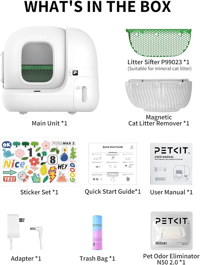 PETKIT PuraMax 2 Automatic Self-Cleaning Cat Litter Box, App Control Scoop-Free Litter Box with Safety Sensors, Odor Free & Anti-Leakage Basic Bundle Includes Trash Bags,2.4G WiFi & Low Entrance-Mewly Pet