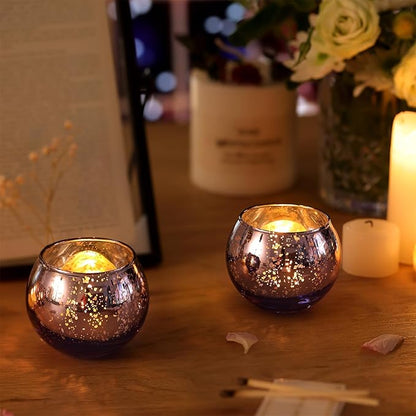 Volens Round Purple Votive Candle Holders Set of 12, Purple Wedding Centerpiece Table Decorations, Mercury Glass Tealight Candle Holder for Bridal Shower, Baby Shower & Home Decor